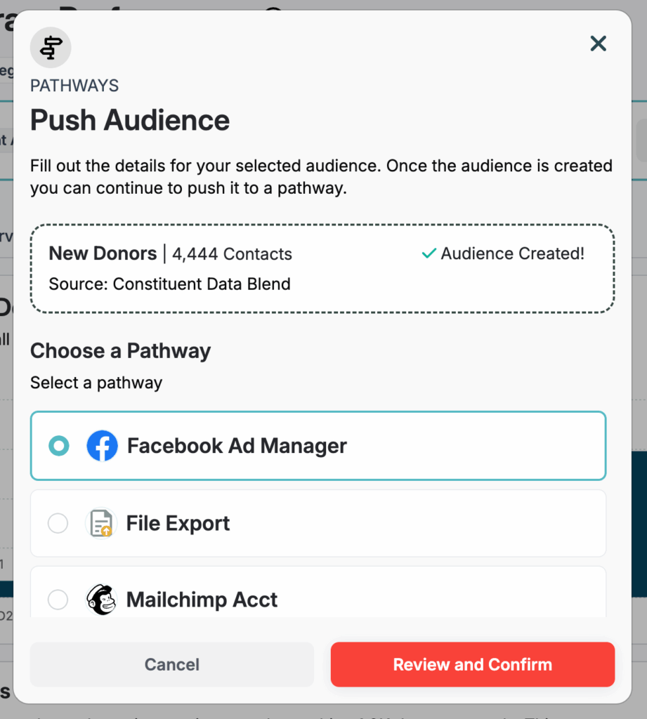 Screenshot of Avid Pathways showing the ability to sync data from DonorPerfect to Facebook advertising