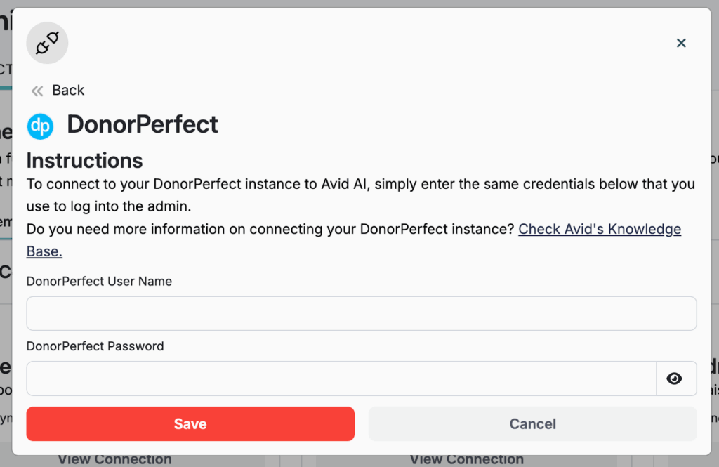 Screenshot of Avid showing the simple way to login and connect your DonorPerfect data